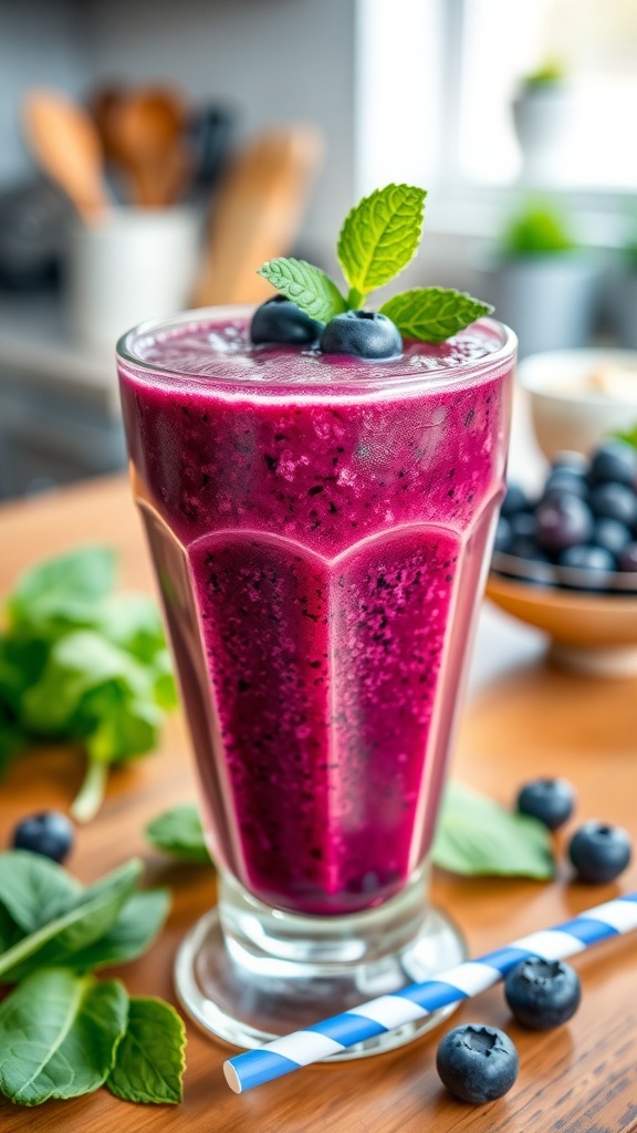 A refreshing blueberry spinach smoothie in a glass, garnished with blueberries and mint.